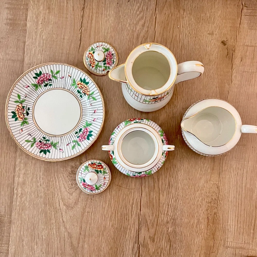 RARE 1920 Paragon Small Size Teapot, Sugar Bowl, Creamer, ‎ Plate Peony Antique